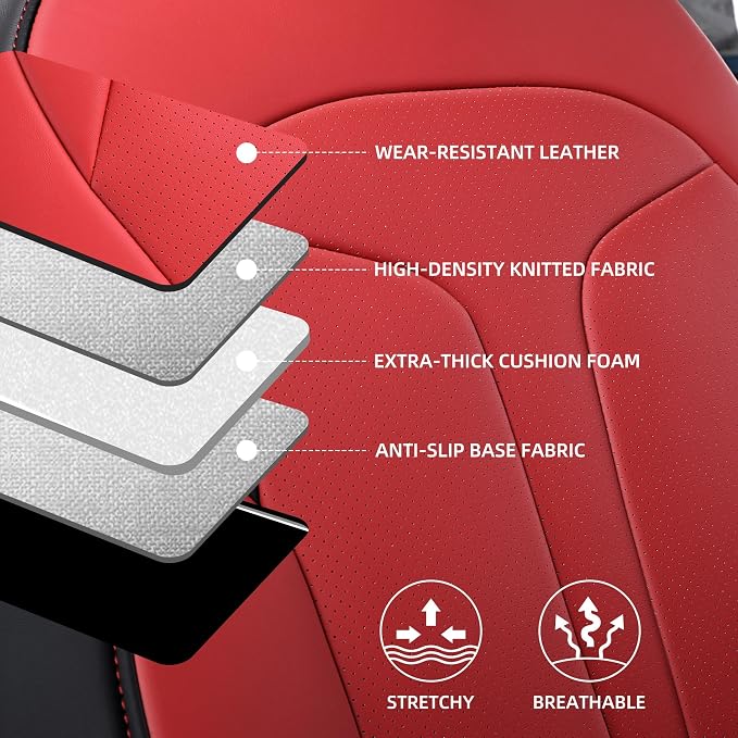 Custom Seat Covers for 2025 2026 Tesla Model Y Juniper 5-Seater - Red | Waterproof Breathable Nappa Leather, OEM Factory Style Full Set, Full Coverage Design with Armrest Covers, Airbag Compatible - Image 9