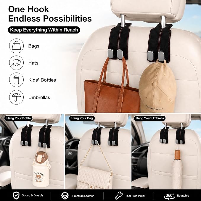 WideFit Car Headrest Hooks, 2 Pack for Wide-Strap Bags, Brown | 0.98 in opening fits thick purse straps. Premium leather and dual metal hooks hold up to 40 lb and rotate 360°. - Image 7
