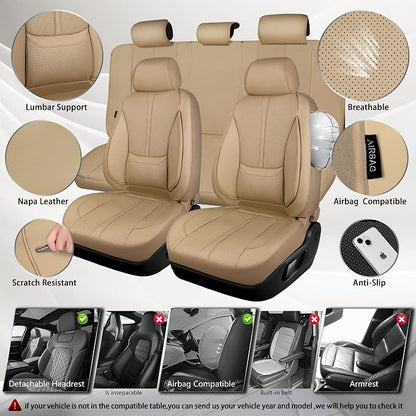 CAR PASS Nappa Leather Seat Covers Full Set, 3D Foam Faux Leather Car Seat Covers with Lumbar Support, Water Resistant Comfort & Universal Fit for Cars SUV Truck Most Vehicles, All Beige - Image 3