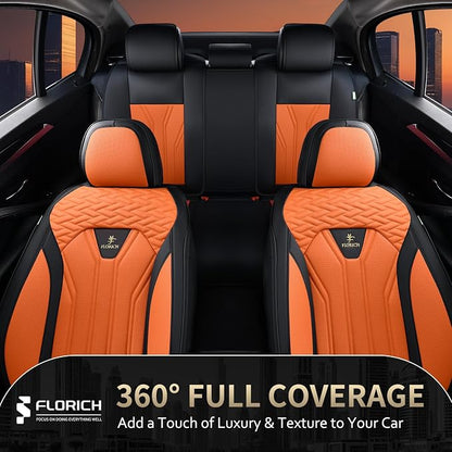 Leather Seat Covers, Car Seat Covers Full Set, Car Seat Protectors 5 Seats, Automotive Seat Covers Driver Seat Covers Fit for Most Cars Trucks SUV-Black&Orange - Image 8