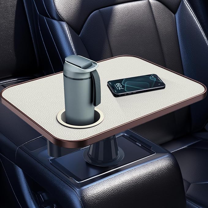 Car Tray& Car Desk for Laptop,Dual 360° Rotating,Anti Slip Leather Surface, Food Tray, Cup Holder Table Compatible with Tesla Model Y/3/S, Ford F150/Explorer/Maverick/Home Theater Seating (White) by Ksaipx