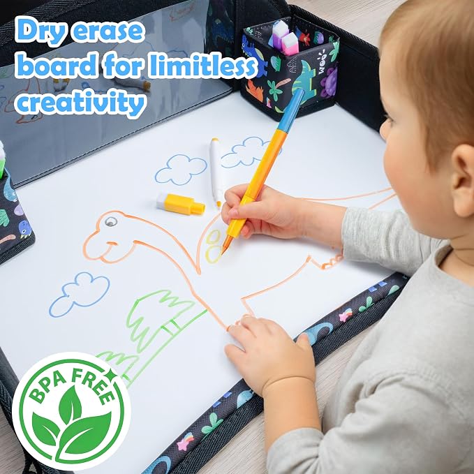 Kids Travel Tray for Carseat for Road Trip Activities, Dinosaur | Carseat Tray With 16.7" x 13.4" Smooth Dry Erase Board, Cup holders, Ddjustable Strap & Shoulder Carry Strap - Image 3