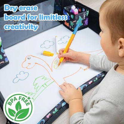 Kids Travel Tray for Carseat, Carseat Tray Dinosaur & Mermaid 2PCS | With 16.7" x 13.4" Smooth Dry Erase Board, Cup holders, Ddjustable Strap & Shoulder Carry Strap - Image 3