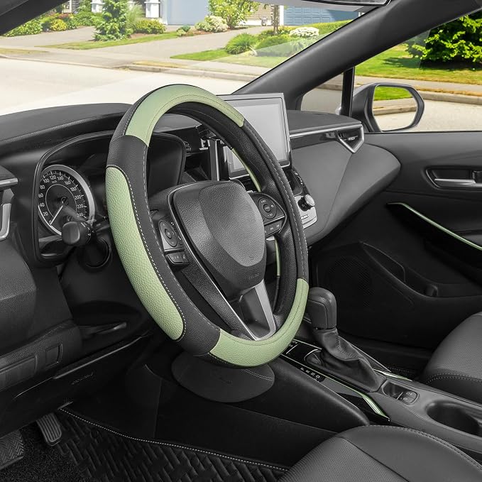 SEG Direct Steering Wheel Cover 14.5-15 inch Car Auto Interior Accessories | Universal Medium Standard Size 37-39cm for Car Truck SUV, Microfiber Leather, Anti-Slip Comfortable Grip, Black Pastel Green - Image 7