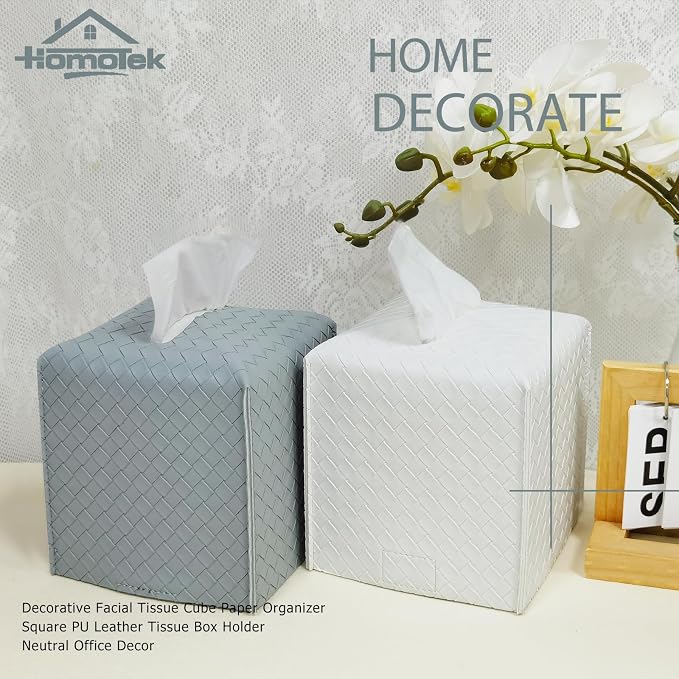 HOMOTEK 2 Pack Tissue Box Cover,PU Leather Tissue Holder,Square Decorative Facial Tissue Cube Paper Organizer Dispenser for Bathroom, Night Stands, Desk, Car 5X5X5'' - Woven Waffle,Light Gray - Image 6