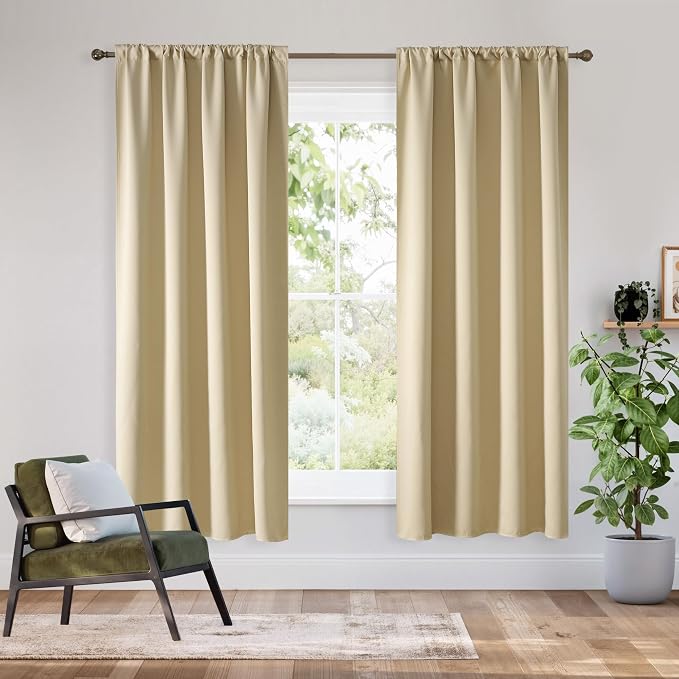 RYB HOME Bedroom Blackout Curtains 72 inches Long, 100% Blackout | Thermal Insulated, Noise Reducing, Curtains for Living Room Nursury, For Sleep, W34 x L72, Biscotti Beige by RYBHOME