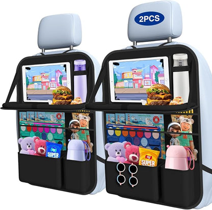 Car Backseat Organizer with Table Tray(2-Pack) 9 Storage Pockets Backseat Car Organizer and storage with Tablet Holder, Kick Mats Back Seat Cover for Kids family Road Trip Essentials Travel | 600d Oxford Fabric, Waterproof & Easy-Clean, Foldable Tray S... - Image 9