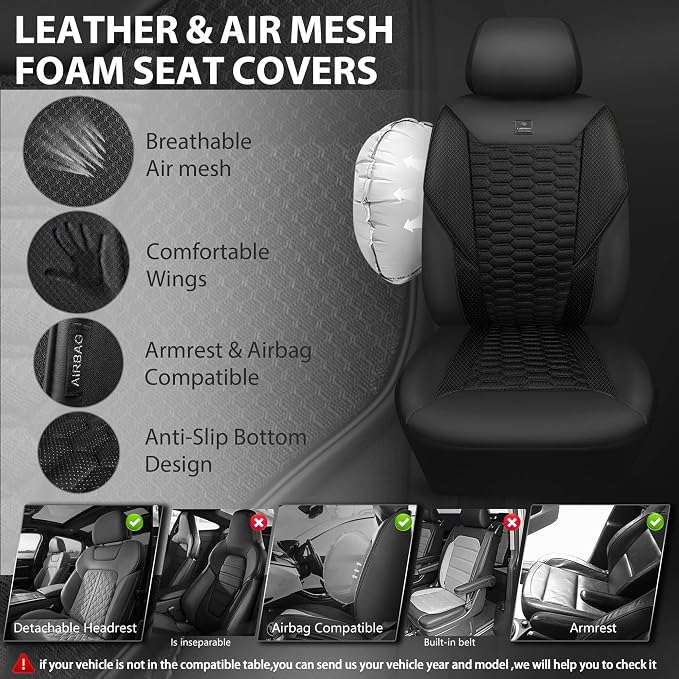 CAR PASS 3D Foam Mesh Leather Car Seat Covers Full Set,Breathable Mesh Faux Leather Seat Covers for Car,Universal Fit for SUV Truck Sedan Automotive, Armrest Airbag Compatible,Black - Image 3