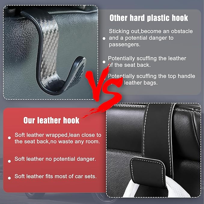 Leather Car headrest Hook for Purses and Bags (Black, 2pcs) | Leather wrap hook with Larger strap holder, friendly to your leather purse. Strong load up to 44lbs. - Image 3