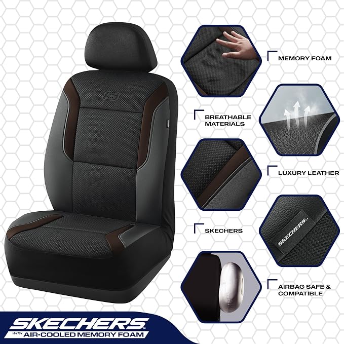Skechers Memory Foam Car Seat Covers, Air Cool Mesh Thick Seat Covers,Car Seat Covers Front Seats Airbag Compatible, Automotive Comfort Protection for Most Cars,Van,Trucks, SUVs,Brown - Image 3