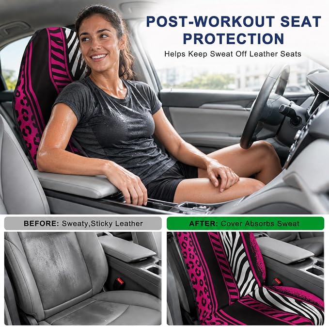 Car Seat Towel Cover 2 Pack for Front Seats, Sweat Absorbent Car Seat Protector with Non-Slip Backing, Waterproof Towel Car Seat Covers for Runners, Gym, Swimming, Beach, Pink Zebra Leopard - Image 4