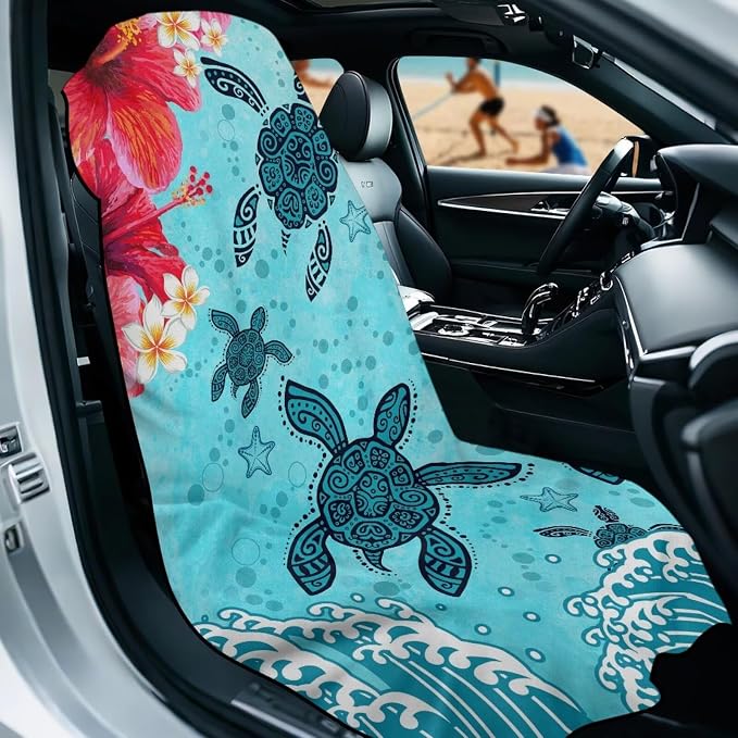 Sea Turtle Print Car Seat Towel Cover After Gym Hibiscus Plumeria Print Sweat Towels for Car Seats Quick-Dry Seat Shield for Truck Sedan SUV, Easy to Install - Image 2