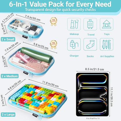 YQBRAO Clear Hard Shell Zipper Cases, 6 Multi-Size Organizers, Blue | Rigid clear shells in three practical sizes organize toiletries, cosmetics, cables, stationery and household essentials - Image 4
