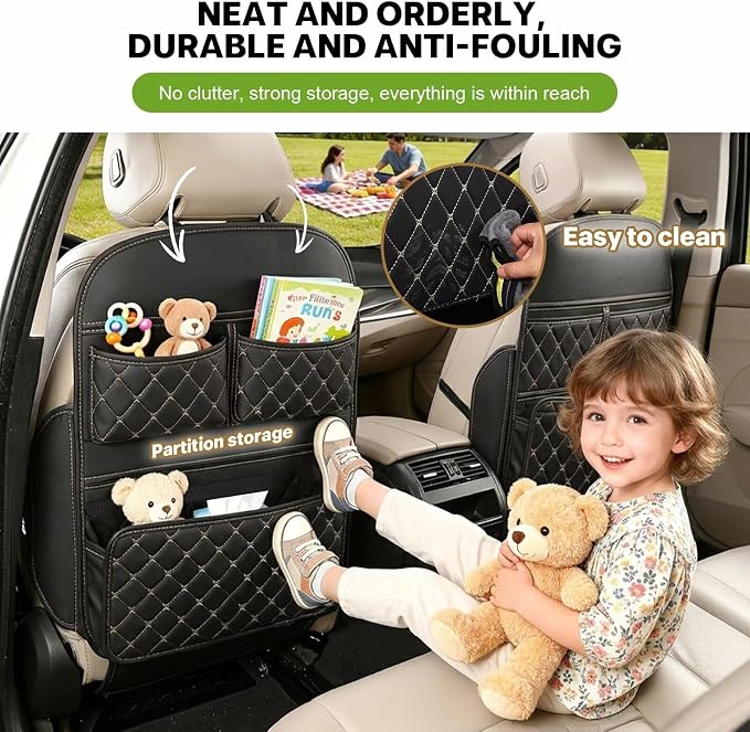 Seat Back Protectors for Kids Car Kick Mats with Large Pocket Organizer Waterproof Dustproof Anti-Scratch Front Seat Back Cover Fits Most Vehicles 2PCS - Image 2