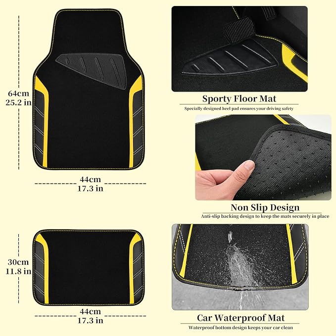 CAR PASS Leather Steering Wheel Cover and Waterproof Car Floor Mats,Microfiber Universal Car Combo Fit for 95% Sedan SUV Van Truck,14.5-15 inch Sporty Anti-Slip Safety Comfortable Design, Black＆Yellow - Image 4