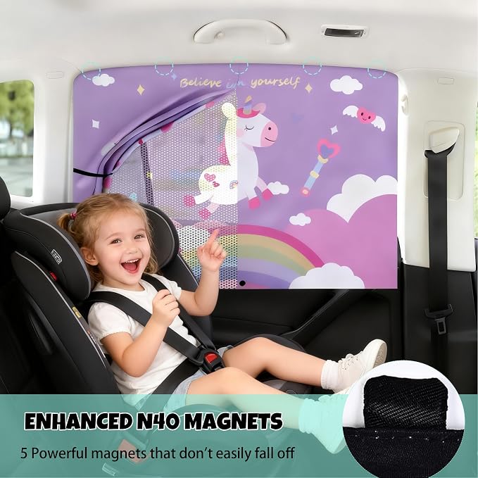 Car Window Shade for Baby, 2 Pack Magnetic Double Layer Cute Unicorn Car Shades for Side Windows, Adjustable Privacy Blackout/See-Through Window Curtains for Baby Kids UV Protection - Image 3