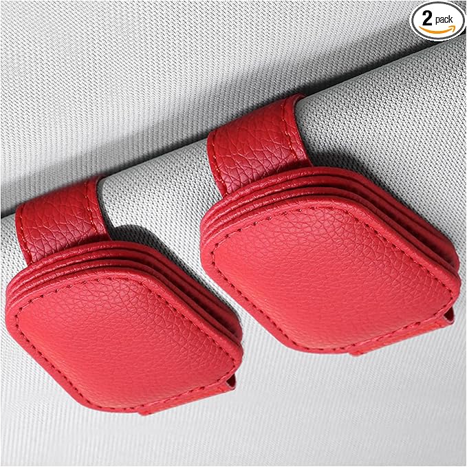 2 PCS Sunglass Holder for Car, Magnetic Leather Glasses Holder Auto Ticket Card Clip, Sun Visor Eyeglass Hanger Interior Accessories for Sedan Truck SUV, Car Accessories (Red) by Pxobiug