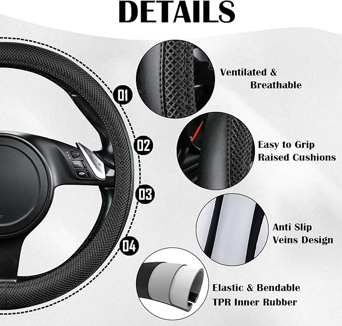 CAR PASS 3D Air Mesh Car Seat Covers Full Sets w/5mm Sponge, 4Pcs Waterproof Car Floor Mats, Steering Wheel Cover Universal Fit for SUV Sedan Truck, Airbag Compatible Automotive Interior(Black) - Image 6