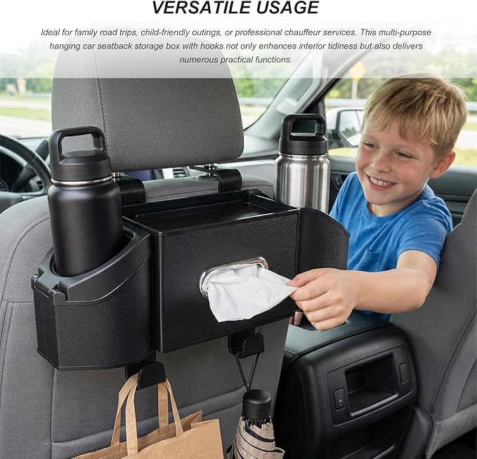 Car Backseat Organizer, 7-in-1 Auto Seat Back Drink Cup Holder Organizer with Tissue Box & Hooks, Multifunctional Vehicle Headrest Storage Box for Hold Phone Snacks Drinks (Black) - Image 6