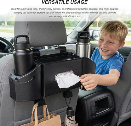 Car Backseat Organizer, 7-in-1 Auto Seat Back Drink Cup Holder Organizer with Tissue Box & Hooks, Multifunctional Vehicle Headrest Storage Box for Hold Phone Snacks Drinks (Black) - Image 6