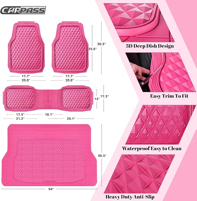 CAR PASS Heavy Duty Rubber Hot Pink Car Floor Mats & Cargo Liners, Deep Dish All-Weather Trunk Mats Durable Anti-Slip 3D Rhombus Waterproof Trim to Fit Liner Universal Fit Auto,Sedan,SUV,Truck, Pink - Image 5