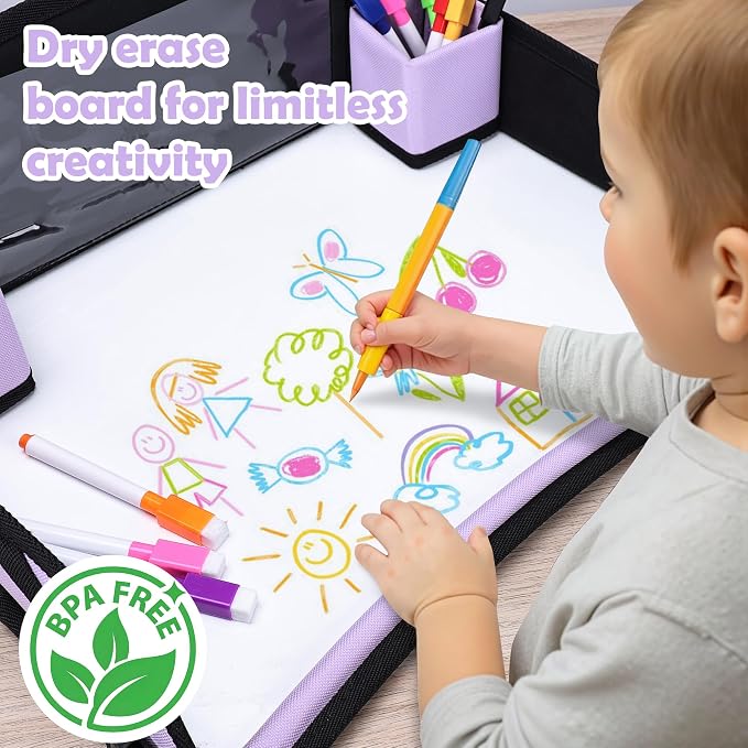 Toddler Car Seat Travel Tray FOR Road Trip Activities, Purple | Kids Carseat Tray With 16.7" x 13.4" Smooth Dry Erase Board, Cup holders, Ddjustable Strap & Shoulder Carry Strap - Image 3