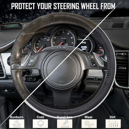 CAR PASS Bling Silver Diamond Leather Steering Wheel Cover, with Sparkly Crystal Glitter Rhinestone Universal Fit 13" 1/2-14" Small Car Wheel Protector for Women Girl Fit Car,SUV,Van,Sedan, Silver - Image 7