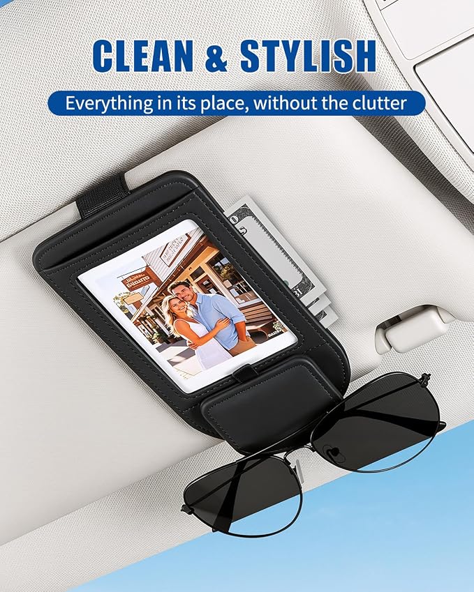 Car Visor Sunglasses Holder, 3 in 1 Glasses Clip with Photo Picture Display & Extra Storage Pocket, Anti-Slip Universal Sun Visor Organizer, 2026 Upgraded (2, Black) - Image 2