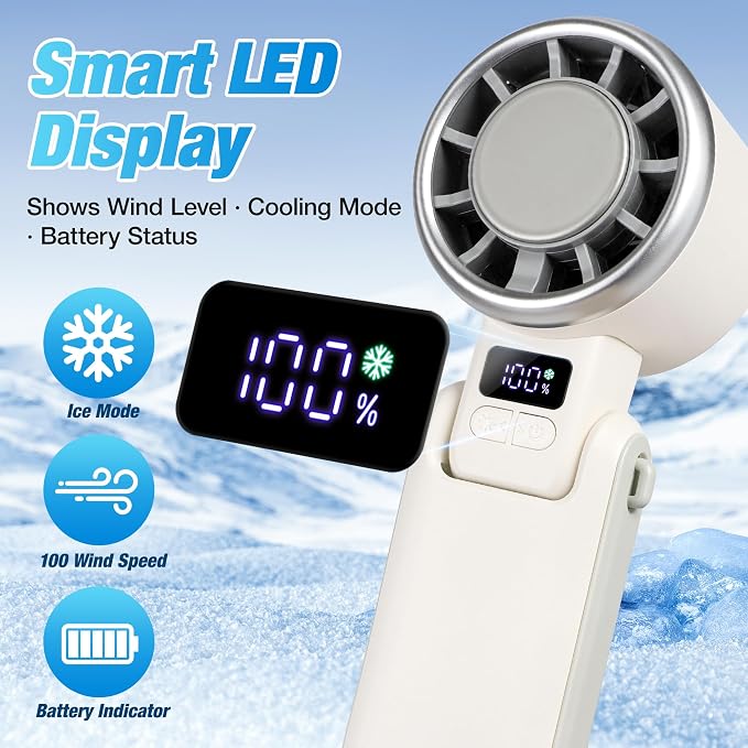 Portable Ice Cooling Handheld Turbo Fan, 100 Speeds, 4000mAh, Speed Display | 15,500 RPM brushless motor, USB-C charging, digital display, foldable desk mode and wearable neck use with included lanyard. - Image 7