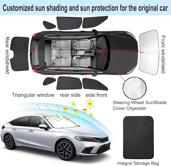 TINGLU Window Shades for 11th Gen Honda Civic (NOT for Hatchback) 2022-2026 Accessories Car Side Full Windows Rear Triangular Windshield Sun Shade Sun UV Rays & Privacy Protection for Camping 8PCS - Image 3
