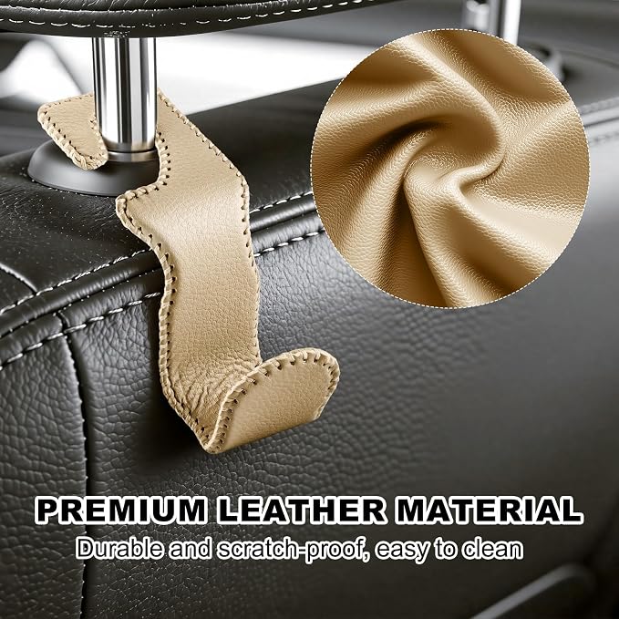 EldHus Car Seat Hooks for Purses and Bags, 4 Pack Car Purse Holder for Grocery Bag Handbag Clothes, Metal Headrest Hooks Covered by Leather, Beige - Image 3