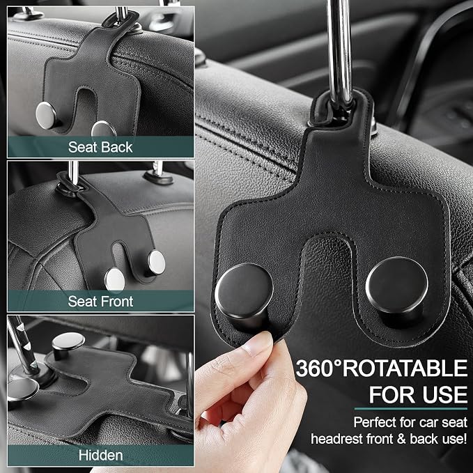 JESTOP Car Headrest Hook, Leather & Alloy Car Double Hanger Purse Hooks | Heavy Duty Car Hanger Storage Holder for Purses,Bags Handbag Coat Umbrella, Car Inside Accessories, Fits Most Vehicles - Image 4