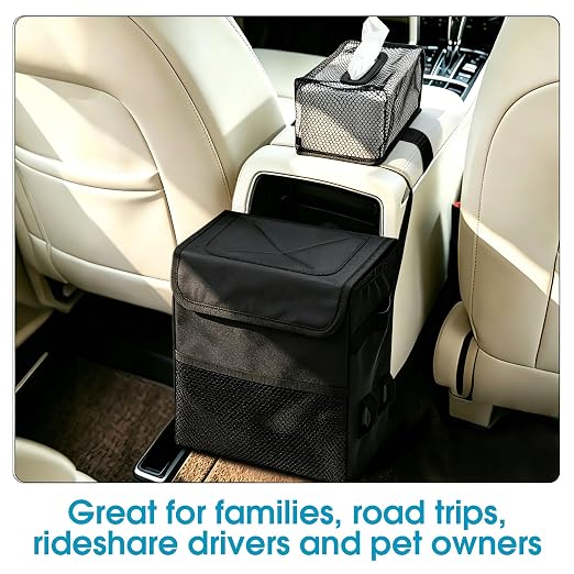Ryhpez Car Trash Can with Tissue Holder Detachable, Leakproof, Black | Car Garbage Can with Removable Car Napkin Holder, Car Trash Bin with Lid for Headrest, Console, Truck, SUV Car Accessories - Image 3