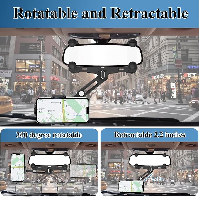 Phone Mount for Car, Rear View Mirror Phone Holder, Rotatable and Retractable Car Phone Holder Mount Rearview Mirror Phone Holder for Car Compatible with iPhone Samsung Cell Phones (Blue) - Image 3