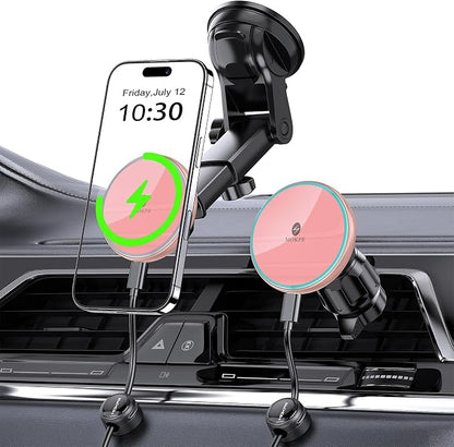 for Mag-Safe Car Mount Charger Dash Windshield Vent Magnetic Phone Holder | Wireless Car Charger with LED Light Car Phone Holder for iPhone 17 16 15 14 13 12 Series for MagSafe Pink by MOKPR