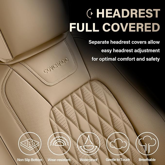 Coverado Premium Leather Truck Seat Covers Full Set – Custom Fit, Waterproof, Heavy Duty, Anti-Spill, Scratch Resistant Protector for Ford F150 2015-2026, F250-F450, Beige - Image 5