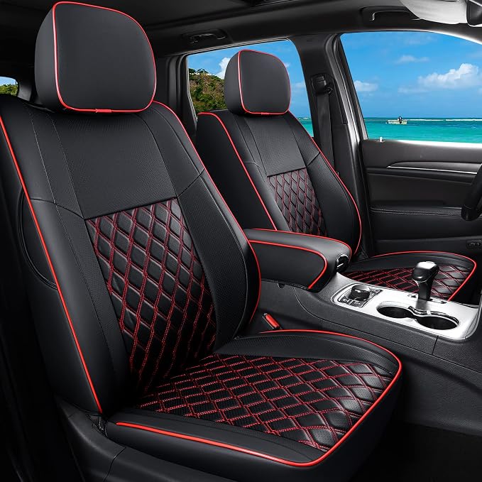 Huidasource Upgrade Jeep Grand Cherokee Seat Covers, Full Coverage Waterproof Leather Car Seat Covers, Custom Seat Cushion Protector Fit for Jeep Grand Cherokee 2011-2021 (Full Set/Black&Red) by Huidasource