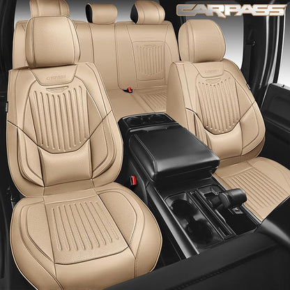 CAR PASS Luxury Nappa Leather Car Seat Covers Full Set, Lumbar Support Seat Covers for Car 5 Seats, Waterproof Car Seat Protector, Automotive Seat Covers Universal Fit for Most Sedans SUV Trucks Beige - Image 2