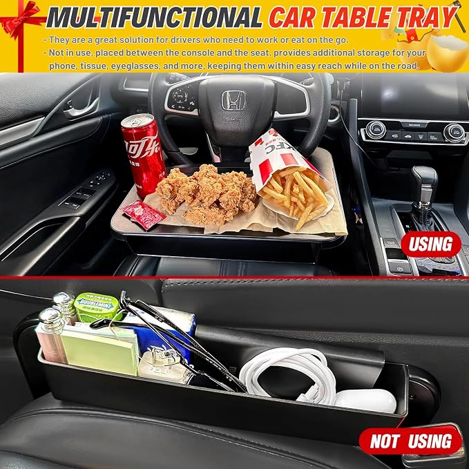 2-in-1 Steering Wheel Desk - Steering Wheel Tray Table with Seat Gap Filler Organizer | Car Food Tray for Driver | Car Desk for Laptop & Eating - Work Road Trip Essentials Accessories - Image 2