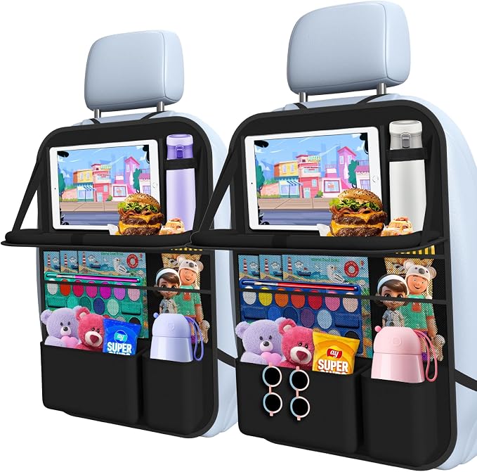 Car Backseat Organizer with Tray, Tablet Holder for Kids Road Trip | 600d Oxford Fabric, Waterproof & Easy-Clean, Foldable Tray Stows Away, Adjustable Straps Fit Car Seats, Multi-Size Pockets - Image 8