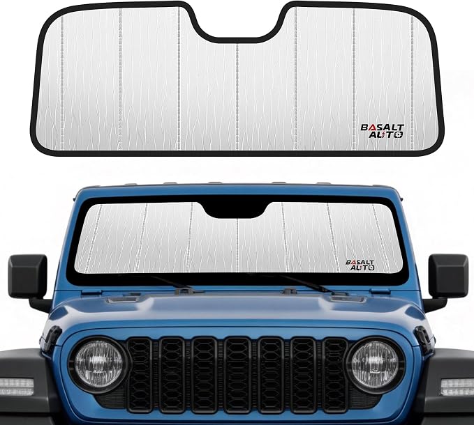 2018-2026 Wrangler JL Windshield Sun Shade Compatible for 2020-2026 Jeep Gladiator Silver Reflective Foldable Front Sun Visor Sunshade Protector with Storage Bag Keep Interior Cool by BasaltAuto