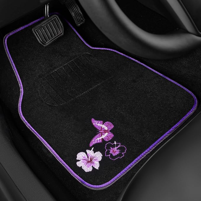 CAR PASS Embroidery Butterfly and Flower Car Floor Mats, Purple Car Floor Mats, Universal Fit 95% Automotive,SUVS,Sedan,Vans,for Women,Girly,Set of 4(Black with Purple) - Image 2
