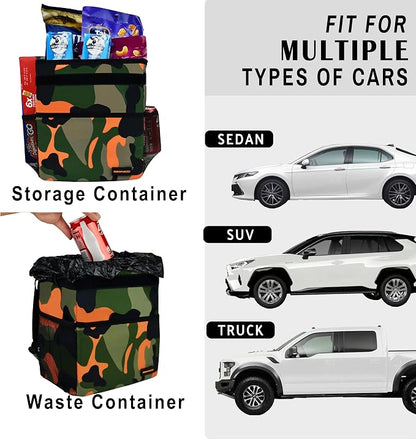 SIBOFUEGO Cute Car Trash Can with Lid – Multipurpose Collapsible Trash Bin for Car, Leak-Proof Organizer, Waterproof Garbage Can with Storage Pockets & Adjustable Straps, 2 Gallons (Camo Orange) - Image 4