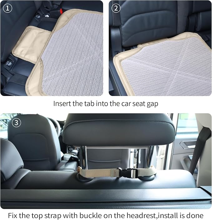 Viaviat Car Seat Protector Leather Waterproof Child Safety Seat Protector Cover with Thick Pad and 2 Large Pockets Durable Kick Mat for All Auto Seat (Beige) - Image 7