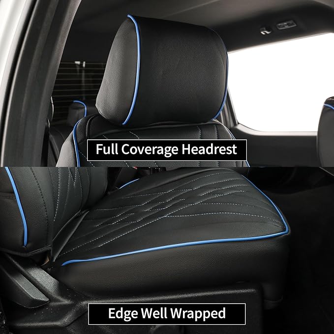 EKR F150 Seat Covers Custom Fit for (4 Door,SuperCrew) Ford F-150 STX 2024-2026 & F150 XL/XLT/Tremor 2021-2026& (Lightning) F-150 Pro/XLT/Flash 2022-2024 -Faux Leather(Black with Blue Trim) - Image 3