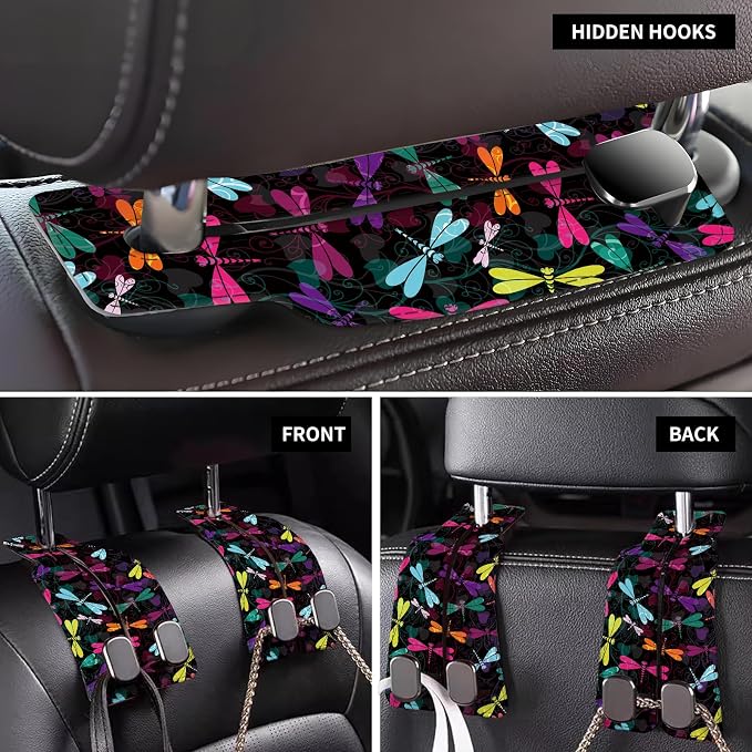 Car Seat Back Storage Headrest Hook, Premium Leather Double Metal Hook, Hanger Storage Organizer for Purse Cloth Bag, Car Interior Accessories Boho Cute Dragonfly - Image 4