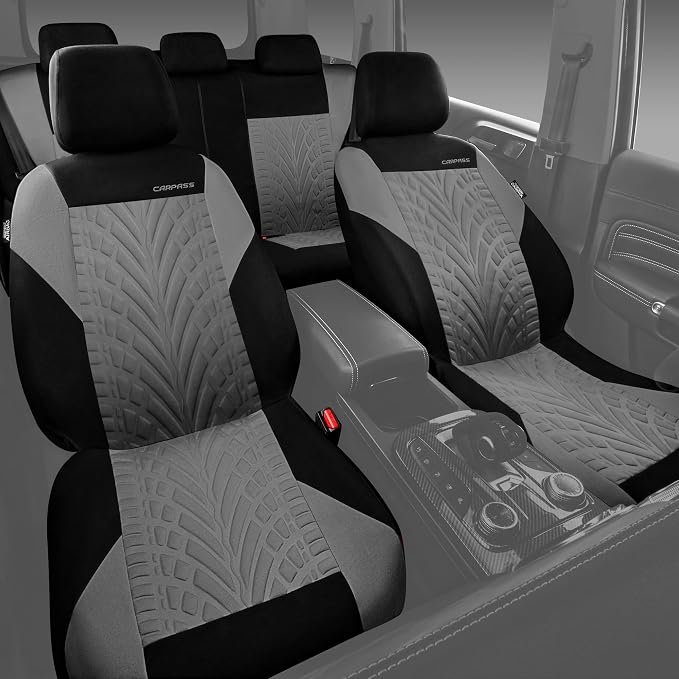 CAR PASS Car Seat Covers Full Sets, Front & Split Rear Bench for Car, 3D Tyre Embossed Automotive Interior Covers, Airbag Compatible, Quick Setup Universal Fit Seat Covers for Car, SUV(Black Gray) - Image 5