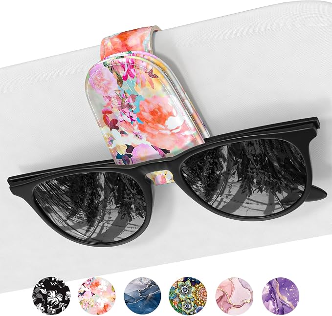Sunglasses Holder for Car Visor, Magnetic Leather Car Sunglass Holder, Car Sun Visor Glasses Hanger Clip, Car Interior Accessories for Women Men, Fits All Size Eyeglasses by NPOOYI