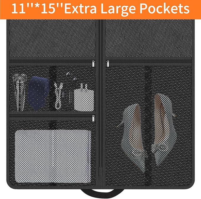 Suit Garment Clothes Travel Bag: 63 inch Lightweight Foldable Black Short Fabric Breathable - Hanging Storage Cover Pockets Zipper for Women - Wardrobe Carry Coat Jacket Uniform Tuxedo Shirt - Image 4