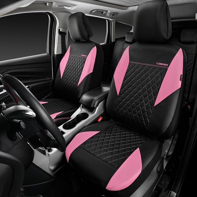 CAR PASS Pink Leather Seat Covers,Girly Quilting Pretty Cute Car Seat Cover with 5mm Composite Sponge Inside,Airbag Compatible, Universal Fit for Most Sedan,SUV,Vans(Full Set,Pink) - Image 2